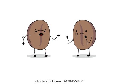 Cute coffee bean cartoon character arguing doodle