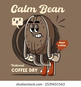 Cute Coffee Bean Cartoon Character Mascot Vector Illustration in Vintage Retro 70s 80s Groovy Style for sticker, poster, flyer, brochure, invitation, greeting card, banner