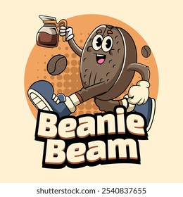 Cute Coffee Bean Cartoon Character Mascot Vector Illustration in Vintage Retro 70s 80s Groovy Style for sticker, poster, flyer, brochure, invitation, greeting card, banner