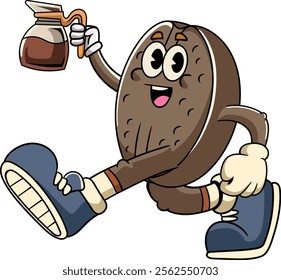 Cute Coffee Bean Cartoon Character in Retro 70s Illustration