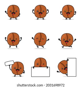 cute coffee bean cartoon. with happy facial expressions and different poses, isolated on a white background