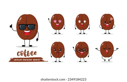 cute coffee bean cartoon with many expressions. bean different activity pose vector illustration flat design set with sunglasses.