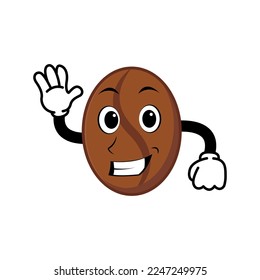 Cute coffee bean cartoon mascot character smiling. Vintage doodle style illustration concept