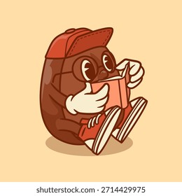 Carácter lindo del grano de café con una tapa y los vidrios que se sientan y que leen un libro. Ilustración vectorial.
