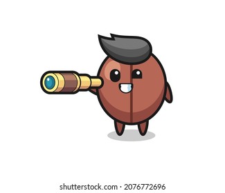 cute coffee bean character is holding an old telescope , cute style design for t shirt, sticker, logo element