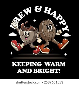Cute Coffee Bean and Coffee Cup Cartoon Character Mascot Vector Illustration in Vintage Retro 70s 80s Groovy Style for sticker, poster, flyer, brochure, invitation, greeting card, banner