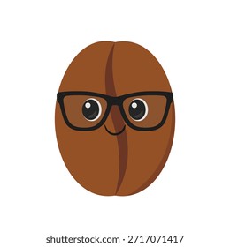 Grano de café lindo con los vidrios, historieta del carácter, ojos grandes, cara sonriente feliz, estilo kawaii, bebida de café de la muestra, Ilustración vectorial.