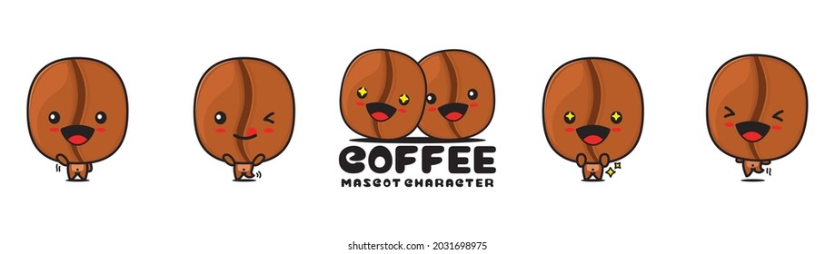 cute coffee bean mascot, seeds and drink cartoon illustration, with different facial expressions and poses, isolated on white background