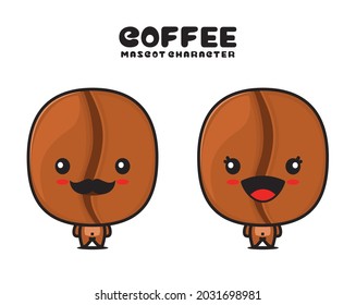 cute coffee bean mascot, seeds and drink cartoon illustration, isolated on white background