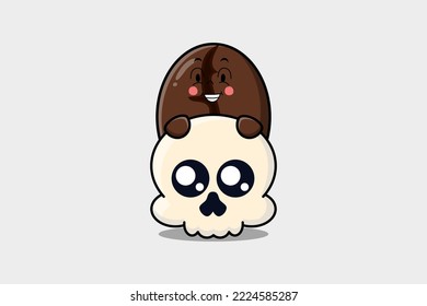 Cute Coffee beans cartoon character hiding in skull illustration in flat modern design