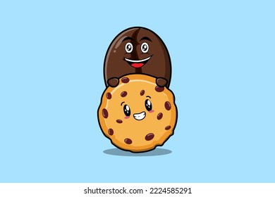 Cute Coffee Boans Cartoon Charakter versteckt in Keks Illustration in flamodernem Design
