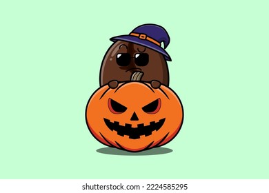 Cute Coffee beans cartoon character hiding in pumpkin halloween illustration in flat modern design