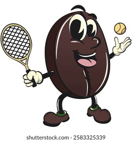 cute coffee beans vektor illustration mascot character playing tennis, work of hand drawn