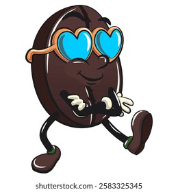 cute coffee beans vektor illustration mascot character wearing heart shaped beach sunglasse, work of hand drawn