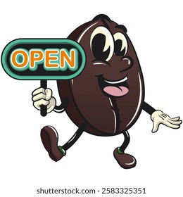 cute coffee beans vektor illustration mascot character showing a sign that says open, work of hand drawn