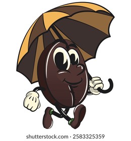 cute coffee beans vektor illustration mascot character walking with an umbrella, work of hand drawn