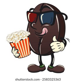 cute coffee beans vektor illustration mascot character with a bucket of popcorn with wearing 3d glasses, work of hand drawn