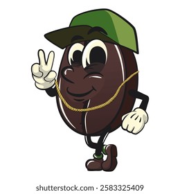 cute coffee beans vektor illustration mascot character wearing a hip-hop style hat and wearing a sparkling gold necklace, work of hand drawn