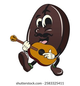 cute coffee beans vektor illustration mascot character with moustache playing guitar, work of hand drawn