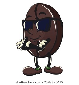 cute coffee beans vektor illustration mascot character wearing sunglasses folding his arms calmly, work of hand drawn