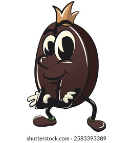 cute coffee beans vektor illustration mascot character crowned like a king while folding his arms calmly, work of hand drawn