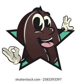 cute coffee beans vektor illustration mascot character out from of a star by giving an OK sign, work of hand drawn