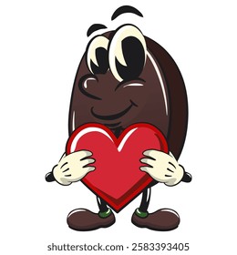 cute coffee beans vektor illustration mascot character hold the heart with love, work of hand drawn