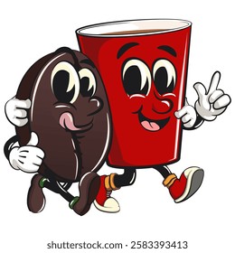 cute coffee beans vektor illustration mascot character walk with a red cup character while giving thumbs up, work of hand drawn