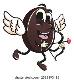 cute coffee beans vektor illustration mascot character being cupid with angel wings and the arrow of love, work of hand drawn