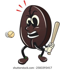 cute coffee beans vektor illustration mascot character playing baseball ready to hit the ball with the bat, work of hand drawn