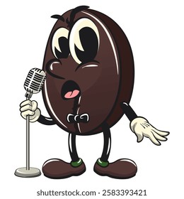 cute coffee beans vektor illustration mascot character on front of the mic become a stand up comedian, work of hand drawn