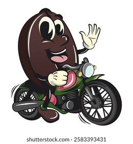 cute coffee beans vektor illustration mascot character riding a big motorcycle, work of hand drawn