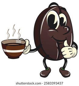 cute coffee beans vektor illustration mascot character handing a cup of hot coffee with a thumbs up, work of hand drawn