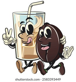 cute coffee beans vektor illustration mascot character walk with a glass ice drink character while giving a peace and giving an ok sign, work of hand drawn