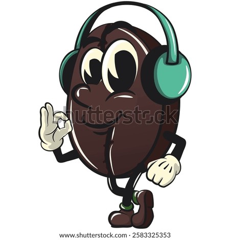 cute coffee beans vektor illustration mascot character listening to headset while dancing, work of hand drawn