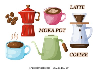 Cute coffee brewing equipment illustration, featuring Moka Pot, drip kettle, and latte. Ideal for coffee-related designs.