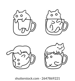 Cute coffee cat set line art outline illustration. Minimalist cat line art illustration 