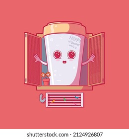 A cute coffee character on the window vector illustration. Motivation, funny, drink design concept.