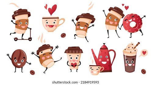Cute coffee characters, kawaii banner.Set of happy cups, mugs and bean with hot beverage. Take away card, poster template design.