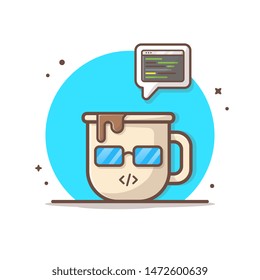 Cute Coffee with Code Illustration. Cafe and Restaurant Menu. Cafe Logo. Programmer. Freelancer. Developer. Flat Cartoon Style Suitable for Web Landing Page,  Banner, Flyer, Sticker, Card, Background