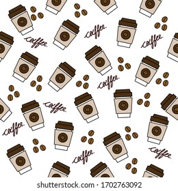 Cute coffee cup and coffee bean seamless pattern on white background 