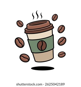 Niedliche Kaffeetasse mit Bohnen - Vektorgrafik von heißem Kaffee zum Mitnehmen