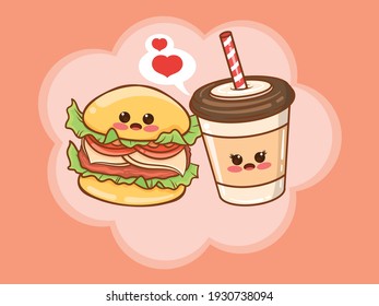 cute coffee cup burger couple concept. cartoon