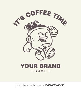 Cute coffee cup cartoon character, vector logo template