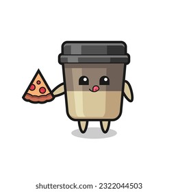 cute coffee cup cartoon eating pizza , cute style design for t shirt, sticker, logo element