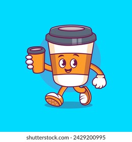 Cute coffee cup cartoon holding cup vector icon illustration