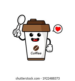 cute coffee cup cartoon mascot character funny expression holding spoon vector design