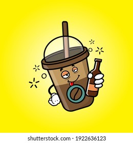 cute coffee cup cartoon mascot character funny expression drunken dizzy vector design