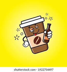 cute coffee cup cartoon mascot character funny expression drunken dizzy vector design