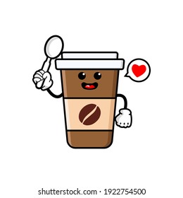 cute coffee cup cartoon mascot character funny expression holding spoon vector design